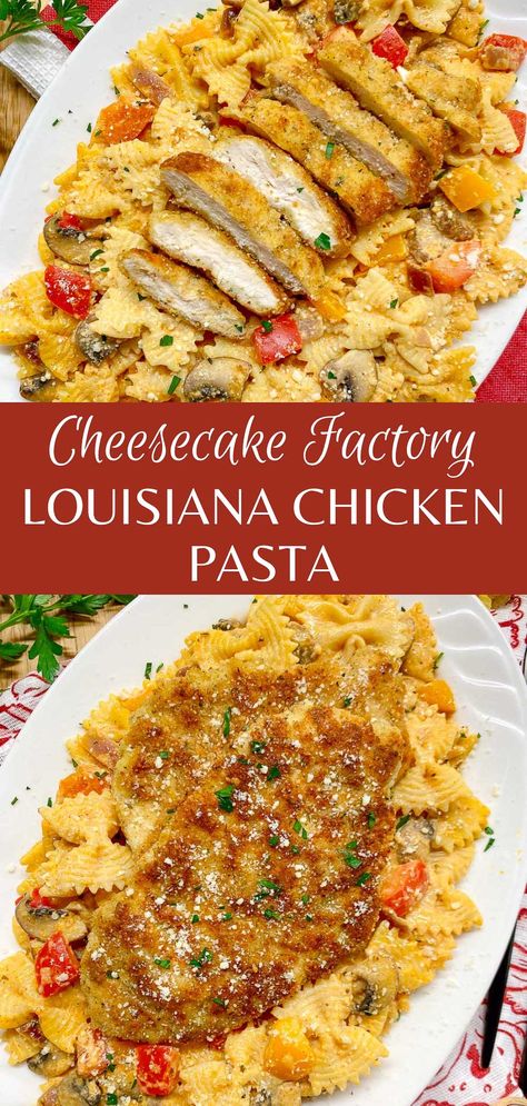 Louisiana Chicken Pasta (Cheesecake Factory Copycat Recipe) Cajun Chicken Pasta Cheesecake Factory, Copycat Louisiana Chicken Pasta, Cheesecake Factory Recipes Chicken, Louisiana Chicken Pasta Cheesecake, Simple Cajun Pasta, Cheesecake Factory Cajun Chicken Pasta, Cheesecake Factory Recipes Pasta, Cheesecake Factory Louisiana Pasta, Cheesecake Factory Farfalle Pasta Recipe