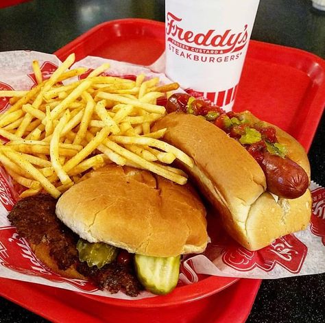 Freddy's Steakburgers on Instagram: “Why decide between a burger and a hot dog when you could just get both?! 🤩 📷: @letseatnow.letseatnow” Freddys Burgers, Cheesecake Factory Louisiana Chicken Pasta, Louisiana Chicken, Louisiana Chicken Pasta, Steak Burger, Frozen Custard, Cheesecake Factory, Fast Food Chains, Deilig Mat