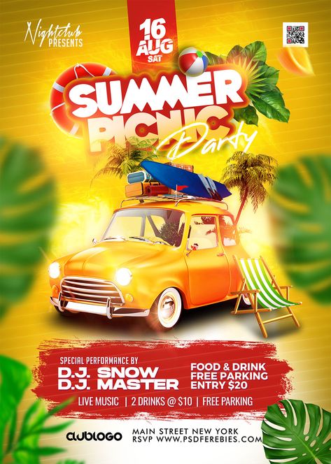 Introducing the eye-catching Free Summer Picnic Festival Party Flyer PSD Template, specifically designed to elevate your summer parties, beach events, and outdoor celebrations to new heights. Beach Festival Poster Design, Beach Party Background, Summer Flyer Background, Picnic Design Ideas, Beach Party Flyer Design, Beach Flyer Design, Summer Party Poster Design, Picnic Graphic Design, Summer Event Poster