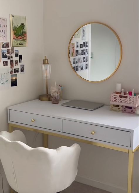 Desk With Mirror Above, Office Vanity Room Combo Desks, Desk With Round Mirror, Desk With Circle Mirror, Vanity With Circle Mirror, Circular Mirror Bedroom, Mirror Over Desk, Mirror Above Desk, Circle Mirror Bedroom