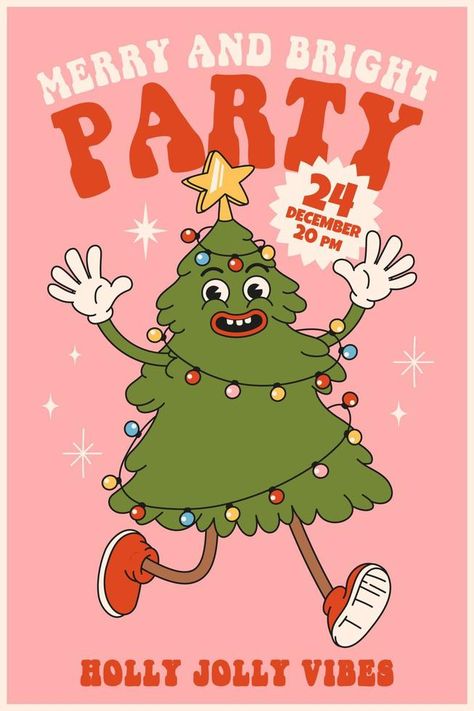 Merry Christmas and Happy New year. Christmas tree in trendy retro cartoon style. Christmas Advertising Design, Merry Christmas Drawing, Retro Cartoon Style, New Year Christmas Tree, Christmas Advertising, Christmas Graphic Design, Holiday Cartoon, Graphic Design Cards, Merry Christmas Happy New Year