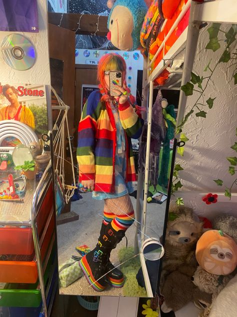 Trash Core Aesthetic Outfit, Bright Grunge Aesthetic, Clowncore Outfits Aesthetic, Rainbow Clothes Aesthetic, Dream Core Outfits, Rainbow Core Outfit, Rainbow Pants Outfits, Colorful Alternative Fashion, Kid Core Aesthetic Outfit