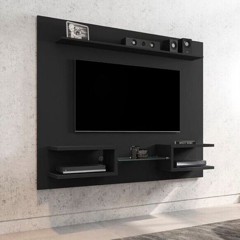 Black Wall Entertainment Center, Living Room Speakers, Entertainment Center Wall, Black Entertainment Centers, Wall Mounted Console, Wall Mounted Media Console, Tv Entertainment Center, Wall Entertainment Center, Floating Entertainment Center