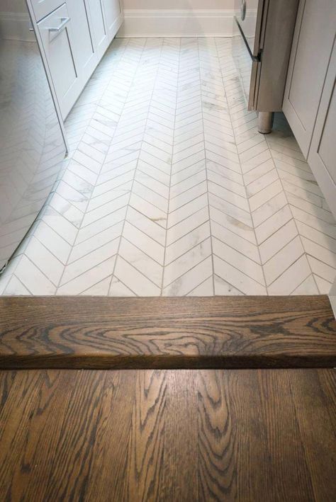 Chevron Tiles Floor, Contemporary Renovation, Cottagecore Kitchen, Gallery Kitchen, Small Gallery, Chevron Tile, Farmhouse Kitchen Remodel, Apartment Buildings, Interior Minimalista