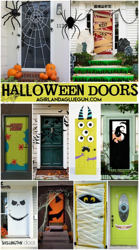 Halloween Door Decoration Ideas! - A girl and a glue gun Yard Monsters, Halloween Door Decoration Ideas, Porta Halloween, Diy Halloween Door Decorations, Halloween Door Decoration, Monster Door, Halloween Golf, Halloween Diy Door, Valentines Classroom