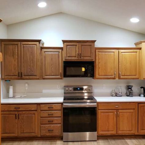 Staining Yellow Oak Cabinets, Honey Cabinet Makeover, Wood Stain And Paint Combinations, Stain Cupboards Kitchens, Stain For Honey Oak Cabinets, What To Do With Oak Kitchen Cabinets, Gel Stain For Oak Cabinets, Staining Over Honey Oak Cabinets, Gel Stain Over Golden Oak Cabinets