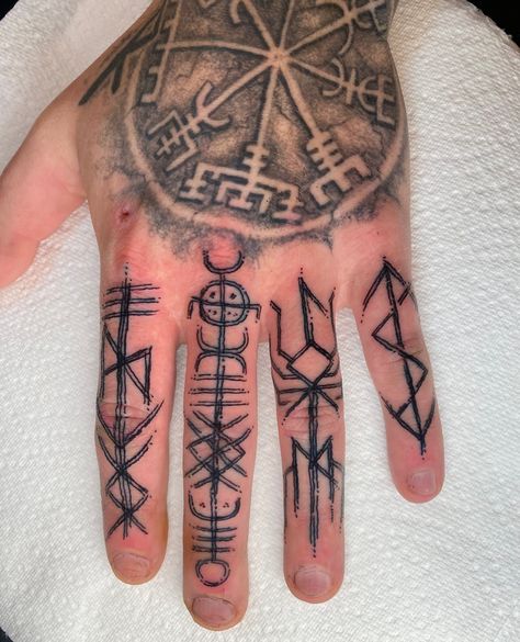 Norse Finger Tattoos For Men, Finger Sigil Tattoo, Nordic Finger Tattoo For Men, Norse Mythology Hand Tattoo, Viking Tattoos Hand, Viking Finger Tattoos For Men, Viking Finger Tattoo, Rune Hand Tattoo, Nordic Hand Tattoo