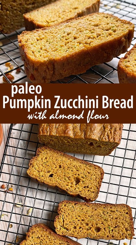 This paleo pumpkin zucchini bread is made with almond flour and loaded with freshly shredded zucchini and pureed pumpkin. This loaf is extremely moist, tender and has the perfect pumpkin flavor. Zucchini Bread With Almond Flour, Bread With Almond Flour, Pumpkin Zucchini Muffins, Paleo Zucchini Bread, Pumpkin Zucchini Bread, Pumpkin Zucchini, Pureed Pumpkin, Gluten Free Snacks Healthy, Almond Flour Cakes