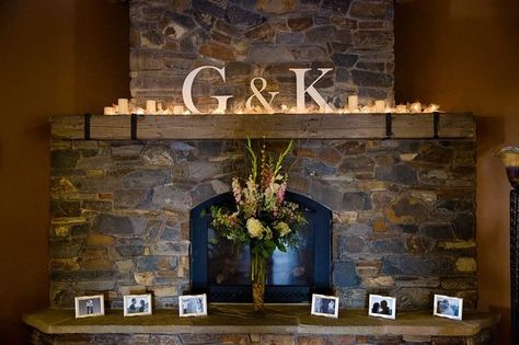 Large initials will look great on our tall mantle. Add candles and pictures for a very personal touch. Fire Mantle Decor, Wedding Fireplace Decorations, Wedding Mantle, Must Have Wedding Pictures, Decoraciones Ramadan, Wedding Fireplace, Fireplace Mantel Decor, Mom Wedding, The Fireplace