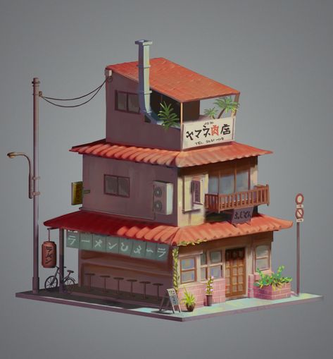 ArtStation - Ramen Shop, Anaïs Ketterer City Building Game, Modern Japanese Architecture, Japanese Town, Traditional Japanese Architecture, Science Fiction Artwork, Ramen Restaurant, Ramen Shop, Cartoon House, Shop Buildings