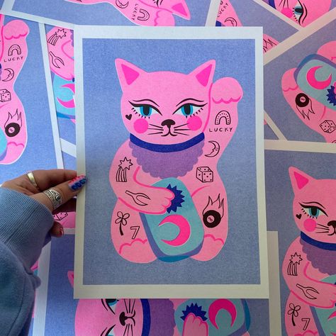 Lucky Cat A4 Risograph Print - Etsy Riso Color Palette, Riso Illustration, Riso Poster, Risograph Design, Riso Printing, East End Prints, Gouache Illustrations, Riso Print, Risograph Print