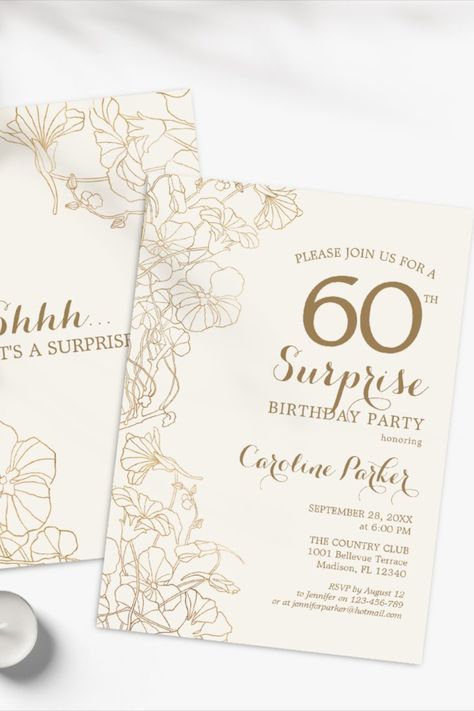 Floral Ivory Gold Surprise 60th Birthday Party Invitation
Floral Ivory Cream & Gold Surprise 60th Birthday Party Invitation. Minimalist modern design featuring botanical accents and typography script font. Simple floral invite card perfect for a stylish female surprise bday celebration. Can be customized to any age! #60thbirthday #elegant #birthday #happybirthday #birthdaycards #birthdayparty #floral Invitation 60th Birthday, Surprise 60th Birthday Party, Surprise 60th, Bday Celebration, 60th Birthday Party Invitations, Font Simple, Typography Script, Invitation Minimalist, Invite Card