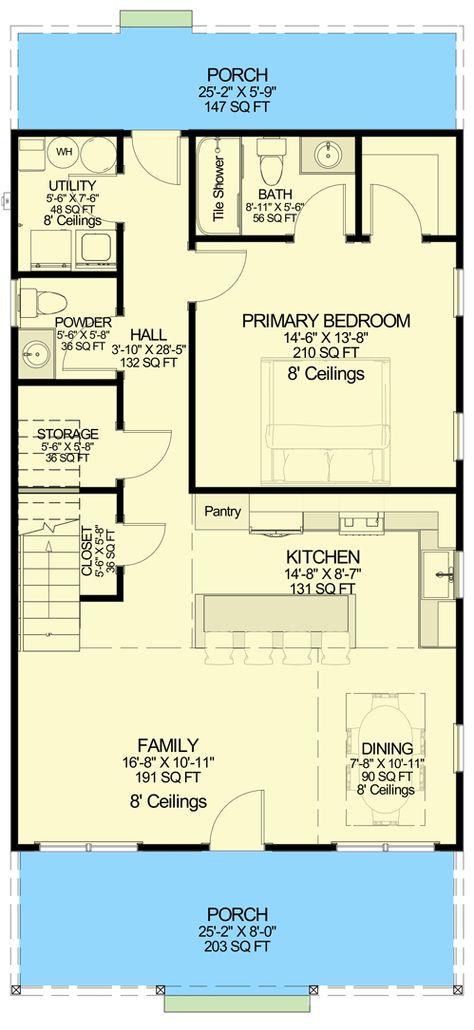 Stacked porches present a welcoming sight on the front elevation of this 3 bed, 2.5 bath 1,969 square foot Rustic Country house plan. An open-concept living space greets you upon entering, anchored by an oversized prep island with seating for three. Enjoy the convenience of a main-level primary bedroom that includes a full bathroom and walk-in closet. The laundry / utility room sits across the hall from the primary bedroom and a 23' by 5'8" back porch offers additional outdoor living space. Upst Narrow Lake House Plans, Laundry Utility Room, Rustic Country House, House Plans 2 Story, Stacked Porches, Big Porch, Porch Plans, Narrow Lot House Plans, Mexico House