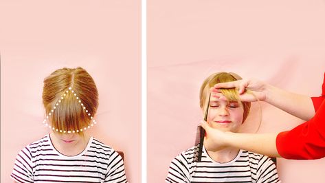 Toddler Fringe Haircut, How To Cut Toddler Bangs, Toddler Hairdos, Toddler Bangs, How To Cut Fringe, Bangs At Home, Trim Bangs, Toddler Girl Haircut, Toddler Haircuts