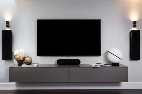 Tv Unit For Grey Living Room, Grey Floating Tv Unit, Tv Wall Design Grey, Grey Tv Stand Living Room, Fall Tv Stand, Fall Tv Stand Decor, Modern Tv Cabinet Design, Grey Tv Unit, Built In Tv Wall Unit