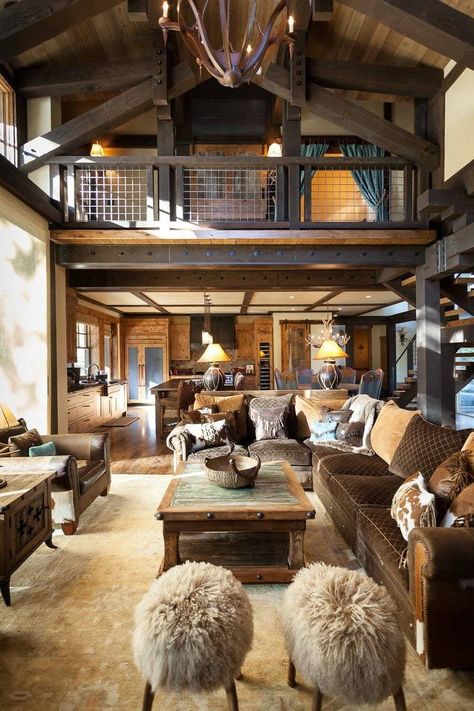 Rustic mountain cabin in Northern California infused with Texas charm Aspen Homes, Rustic Barn Homes, Rustic Modern Cabin, Modern Cabin Interior, Rustic Stairs, Cabin Interior Design, Rustic Loft, Rustic Living Room Furniture, Rustic Home Interiors