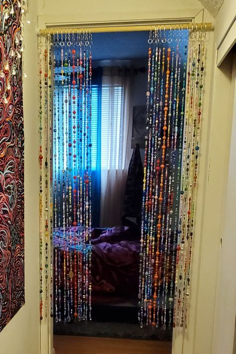 My beaded curtain! Curtain Closet Door Ideas, Bead Door Curtain Diy, Curtain Closet Door, Beaded Curtains Diy, Curtain Closet, Door Curtains Diy, Hanging Door Beads, Beaded Curtains Doorway, Closet Door Ideas