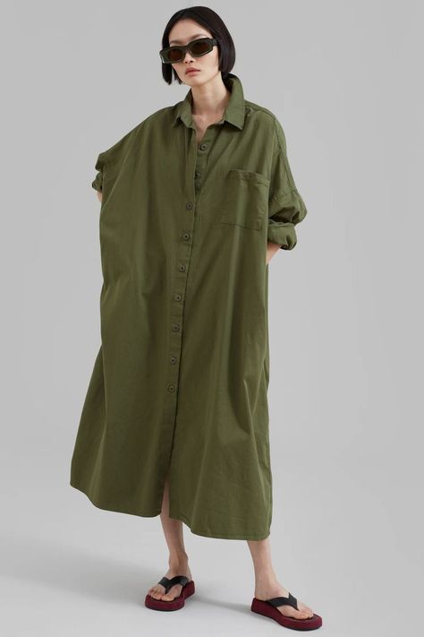 KASON OVERSIZED SHIRT DRESS - DARK OLIVE | Oversized Shirt Dress Shirt Dress Outfit Summer, Long Sleeve Collared Dress, Shirt Dress Outfit, Oversized Shirt Dress, Denim Suit, The Frankie Shop, Frankie Shop, Paris Woman, Quiet Luxury