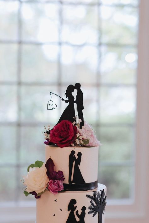 Fishing Wedding Cake, Fishing Wedding Ideas, Fishing Wedding Cakes, Fishing Wedding Cake Toppers, Fun Wedding Cake Toppers, Fishing Themed Wedding, Fishing Cake Topper, 5 Tier Wedding Cakes, Silhouette Wedding Cake