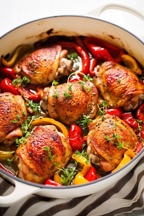 Savour the Flavours of Basque Country: Chicken with Peppers and Tomatoes (Poulet Basquaise) Recipe #mediterraneandiet Chicken Baste Sauce, Basque Chicken, Basque Dinner Recipes, Basque Food Recipes, Basque Recipes, Chicken Thigh Recipes Spanish, Recipes Chicken, Chicken Basque, Unique Chicken Recipes