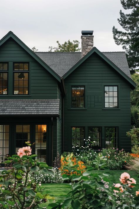 Green House Exterior Black Windows, Green Paint Colors Exterior House, Coloured Houses Exterior, Green House Green Trim, Dark Green Exterior Paint Colors, Forest Green Home Exterior, Hunter Green Exterior House Colors, Green House Black Windows, Dark Green Exterior Paint