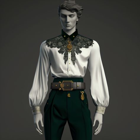 Regal Mens Fashion, Green Royal Outfits Male, Mens Fantasy Fashion Art, Dnd Formal Wear Male, Regal Outfits Men, Green Fantasy Outfit Male, Royal Outfit Drawing, Mens Fantasy Clothing, Fantasy Clothes Male