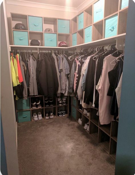 Organized Closet Walk In, Tiny Walk In Closet Ideas Storage, Walk In Closet Cube Storage, Double Wide Closet Organization, Closet Organization Ideas Couples, Walk In Wardrobe Organisation Kmart, Small Walk In Robe Organisation, Couple Closet Organization Ideas, Mobile Home Walk In Closet