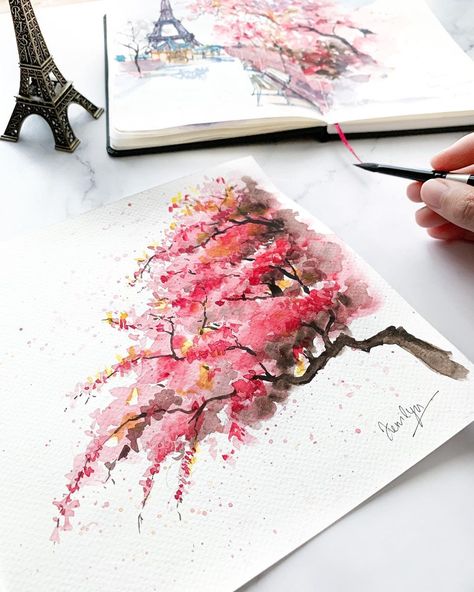 Kerrilyn Cheah on Instagram: "Painting trees has always been really therapeutic to me. If you are the type who loves to paint nature landscapes, you would know that…" Sakura Painting Watercolour, Sakura Flower Tree, Watercolour Cherry Blossom Tree, Sakura Trees Painting, How To Draw A Sakura Tree, Paintings Of Cherry Blossom Trees, Blossom Trees Painting, Draw Spring Ideas, Water Colour Cherry Blossom