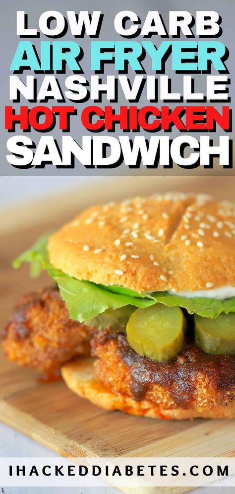 This delicious sweet and spicy Air Fryer Keto Nashville Hot Chicken Sandwich is just like you would get in a restaurant. #keto #lowcarb #recipe Low Carb Chicken Sandwich Recipes, Air Fryer Nashville Hot Chicken, Nashville Hot Chicken Sandwich Recipe, Nashville Fried Chicken, Nashville Hot Chicken Sandwich, Low Carb Air Fryer, Air Fryer Keto, Airfryer Chicken, Spicy Chicken Sandwich