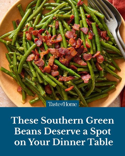 These southern style green beans are infused with rich, smoky flavors, courtesy of adding savory bacon! 🔗 Click the link in our bio for the full recipe. ⁠ ⁠ ⁠ #greenbeans #dinnersides #dinnerrecipes #dinnerideas #bacon #tasteofhome Seasoned Green Beans, Southern Green Beans, Green Beans Recipe, Lemon Green Beans, Green Beans With Bacon, Easy Bacon, Ground Beef Casserole, Beans Recipe, Fresh Green Beans