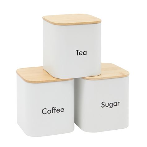 Keep your coffee, tea, and sugar organized with these sugar canisters for kitchen counter. This set of 3 stainless steel kitchen canisters is designed to effortlessly complement any home decor style. Decorative Kitchen Canisters, White Kitchen Canisters, White Canister Set, Bar Pantry, Stainless Steel Canister Set, Wood Lids, Storing Coffee, Tea Coffee Sugar Canisters, White Canisters