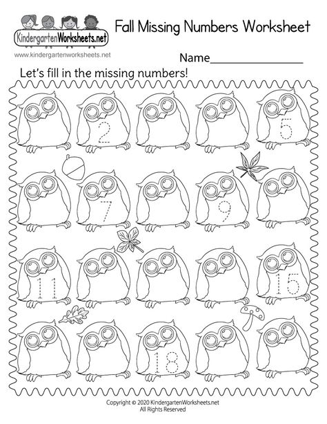 Kids can fill in the missing numbers on each owl in this cute fall themed worksheet. They can also trace the numbers that are already on the owls. This kindergarten worksheet is a great activity for kids who are learning numerical order from 1 to 20. Thanksgiving Worksheets Preschool, Missing Numbers Worksheet, Trace The Numbers, Fill In The Missing Numbers, Missing Number Worksheets, Numbers Activities, Birds Theme, Animals Preschool, Fall Worksheets