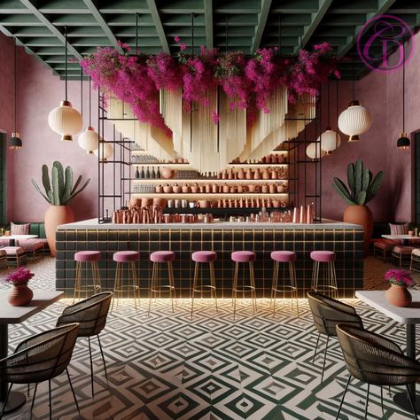 1️⃣, 2️⃣, 3️⃣, or 4️⃣❓My @giLherrera twist of a Modern Mexican Hacienda Lobby Bar with a touch of Tulum/Cabo Vibez〰️🇲🇽 (I LOVE breeze block, do you?) . At CoLores Decor Our team is constantly experimenting with textures & “WOW” styles for a UNIQUE statement design for any room…Introducing TOP 🇲🇽 MeXican Artisan Design & CATAPULTING our culture’s Talent through the vision of our founder, GiL Herrera @giLherrera ♥️ . You think you know MeXican Artisan Design, but you have NO IDEA how PASSIONATE... Mexican Themed Restaurant Design, Pink Mexican Restaurant, Mexican Luxury Aesthetic, Back Bar Design Restaurant Modern, Cafe Design Colorful, Modern Mexican Design, Colorful Restaurant Design, Mexican Bar Design, Mexican Style Interior Design