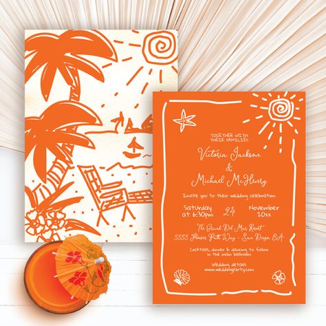 Sunny Tropical Hand drawn Wedding Destination Invitation Tropical Wedding Card, Mexico Wedding Invitations, Bright Beach Wedding, Tropical Invite, Tropical Wedding Color Palette, Destination Invitations, Tropical Island Wedding, Wedding Invitations Beach, Modern Tropical Wedding