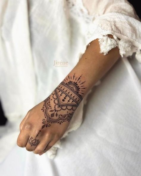 Mandala Wrist Hand Tattoo, Ornament Wrist Tattoo, Wrist Mandala Tattoos For Women, Indian Inspired Tattoos, Ornamental Tattoo Wrist, Mandala Tattoo Wrist, Wrist Mandala Tattoo, Arm Mandala Tattoo, Mandala Tattoo Hand