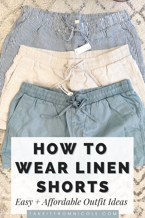 Linen shorts outfit ideas. What to wear with linen shorts. Linen shorts outfit summer. White linen shorts outfit. Cream shorts outfit. Blue Linen Shorts Outfit Summer, How To Wear Linen Shorts, Cream Shorts Outfit Summer, What To Wear With Linen Shorts, Linen Shorts Outfit Plus Size, White Linen Shorts Outfit Women, Tan Linen Shorts Outfit, Cream Linen Shorts Outfit, Striped Linen Shorts Outfit