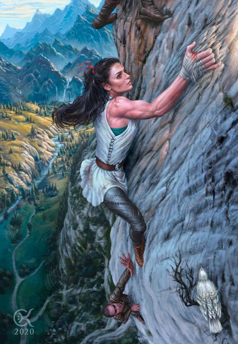 Climbing Art, D D Classes, Female Soldier, Story Inspiration, Character Portraits, Rock Climbing, Fantasy World, Dungeons And Dragons, Painting & Drawing