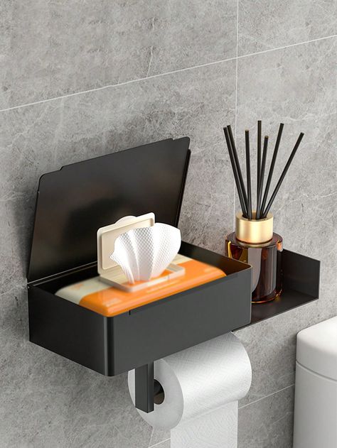 Black  Collar  Stainless Steel   Embellished   Bathroom Small Bathroom Shelves, Bathroom Tissue Holder, Toilet Shelves, Space Saving Bathroom, Flushable Wipes, Toilet Paper Dispenser, Wipes Dispenser, Bathroom Tissue, Stainless Steel Bathroom