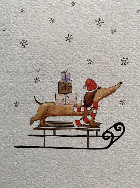 Daschund Christmas Card, Dog Christmas Drawing, Christmas Presents Drawing, Christmas Animals Drawing, Sled Drawing, Christmas Card Aquarell, Dog Christmas Card Ideas, Christmas Dog Drawing, Christmas Dog Illustration