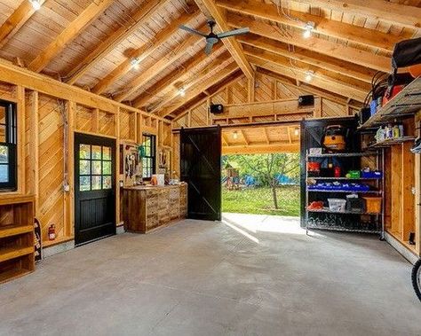 - Barn Apartment, Garage Renovation, Cool Garages, Woodworking Shop Layout, Building Remodeling, Garage Remodel, Barn Garage, Industrial Ceiling, Garage Work Bench