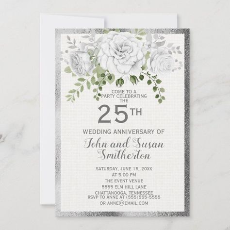 Silver White Floral 25th Wedding Anniversary Invitation Silver Anniversary Invitations, Silver Wedding Anniversary Invitations, 25th Wedding Anniversary Decorations, 25th Wedding Anniversary Invitations, Silver Wedding Theme, Wedding Anniversary Party Invitations, 25th Wedding Anniversary Party, Cars Birthday Party Decorations, 25 Anniversary