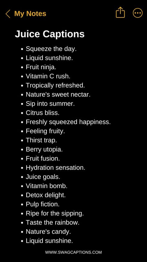 Need the perfect Juice Captions For Instagram? Look no further! Our collection of vibrant, fun, and refreshing captions will make your juice posts pop. Whether you're sipping on a tropical smoothie, a revitalizing green juice, or a classic orange juice, these captions will quench your followers' thirst for engaging content. Glass Of Juice, Refreshing Juice, Tropical Smoothie, Captions For Instagram, Insta Feed, Instagram Look, Green Juice, Post Templates, Orange Juice