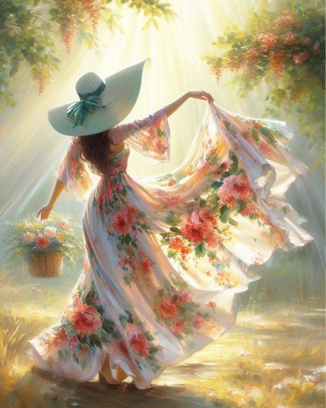 🌸🎨 Dancing in the Sunlight 🎨🌸 Step into a world of elegance and tranquility with this stunning AI-generated art piece, inspired by Japanese oil painting. A woman dances gracefully in a sunlit garden, her floral flowing dress and wide-brimmed hat capturing the essence of serenity and joy. The delicate brushstrokes and vibrant colors bring this moment of pure bliss to life, inviting you to lose yourself in its beauty. Let this enchanting scene remind you of the simple pleasures and the beauty... Flower Images Pictures, Dress Oil Painting, Woman In Garden, Serene Art, Graceful Woman, Beautiful Scenery Photography, Peacock Painting, Ballet Art, Flowing Dress