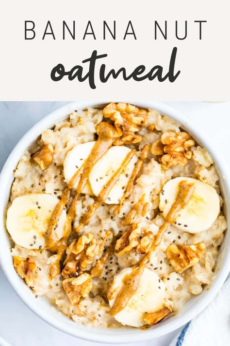 Enjoy easy and healthy banana nut oatmeal for breakfast! This oatmeal is perfectly creamy and topped with walnuts, banana and peanut butter. A filling breakfast to fuel you for the day. Vegan + gluten-free. Healthy Oatmeal Bowl, Banana Nut Oatmeal, Banana And Peanut Butter, Oatmeal For Breakfast, Make Oatmeal, Healthy Oatmeal Recipes, Breakfast Oatmeal Recipes, Baked Oatmeal Recipes, Oatmeal Bowls