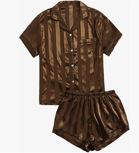 super soft cozy pajamas to wear day or night (or any time of the day really ;)) charming silky brown stripes that are flattering on anyone! Brown Pajamas, I Have Everything I Want, Bridal Sleepwear, Sleepwear Women Pajamas, 2 Piece Short Set, Satin Set, Model Looks, Mens Pajamas Set, Cozy Pajamas