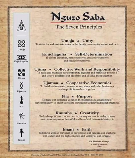 The Nzugo Saba (The Seven Principles of Kwanzaa). They are Umoja (Unity), Kujichagulia (Self-Determination), Ujima (Collective Work and Responsibility), Ujamaa (Cooperative Economics), Nia (Purpose), Kuumba (Creativity) and Imani (Faith).  The Nguzo Saba poster is considered one of two "supplementary symbols" of Kwanzaa. Days Of Kwanzaa, Seven Principles Of Kwanzaa, Kwanzaa Crafts, Kwanzaa Activities, Kwanzaa Principles, Happy Kwanzaa, African Spirituality, African American Culture, Holidays Around The World