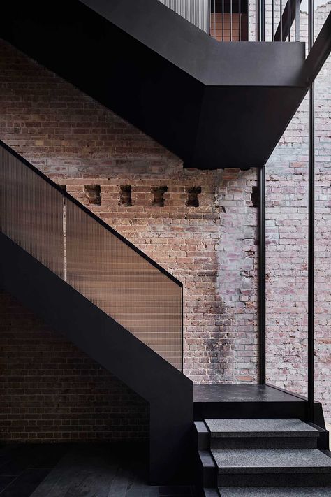 Splinter-Society-Three-Stories-North-House-5 - Design Milk Industrial Stairs, Masonry Construction, Victorian Terrace House, Small Terrace, Timber Ceiling, Timber Walls, Glass Staircase, Masonry Wall, Arched Doors