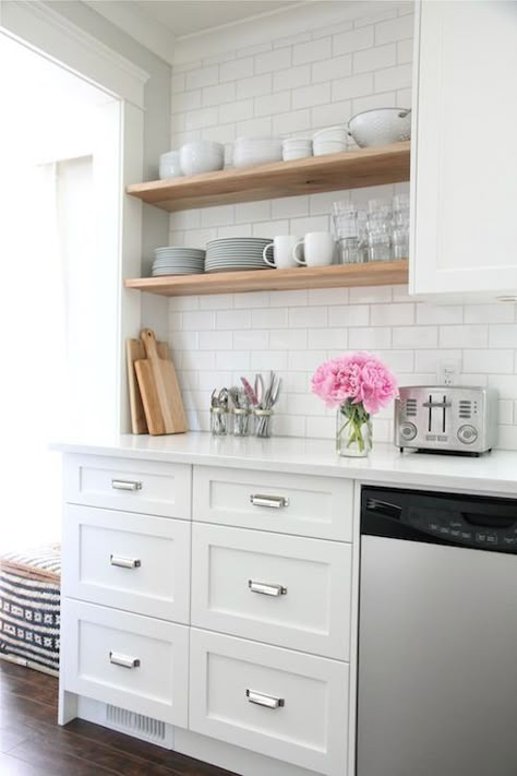 Kitchen Kitchen With Open Shelving, Splashback Ideas, Kitchen Basement, House Flip, Gray And White Kitchen, White Shaker Cabinets, Herringbone Backsplash, Kitchen Cabinets Decor, Whoop Whoop