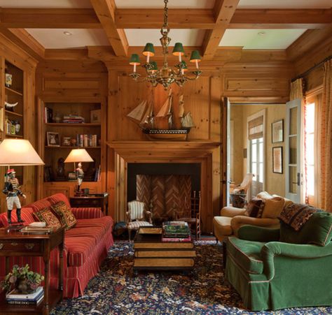 Knotty-Pine wood works in this room with high ceilings and so much architectural interest. (Also, it doesn't loo like there is the 1950's tongue and groove panelling.) Knotty Pine Rooms, Knotty Pine Paneling, Knotty Pine Walls, French Provincial Home, Traditional Family Room, Pine Walls, Knotty Pine, Family Room Design, Style At Home