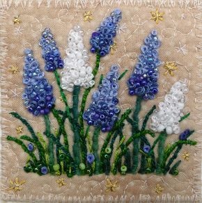 Blue and White Grape Hyacinths by Kirsten's Fabric Art, via Flickr. Loopy french knots, glass beads, couching, embroidery. Kirsten Chursinoff Áo Blu, Sulaman Pita, Broderie Simple, French Knot Embroidery, Pola Bordir, Pola Sulam, Brazilian Embroidery, French Knots, 자수 디자인